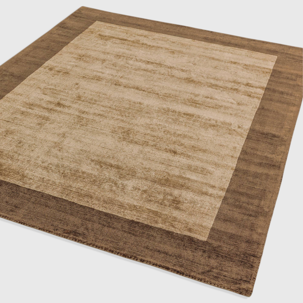 Alvo Rugs Blayde Choco and Mocha handwoven viscose rug with a thick contrasting border and soft tip-sheared texture.