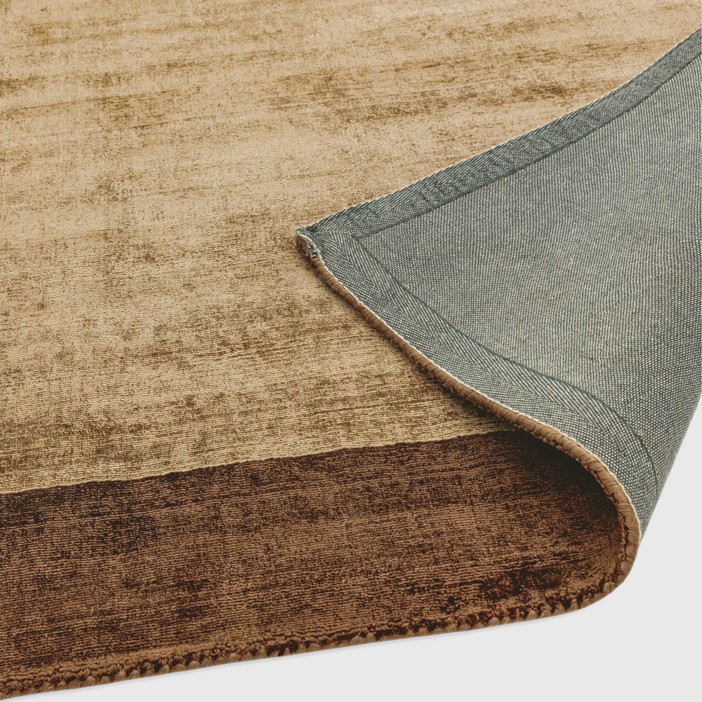 Alvo Rugs Blayde choco and mocha viscose rug with a thick contrasting border and grey latex backing detail