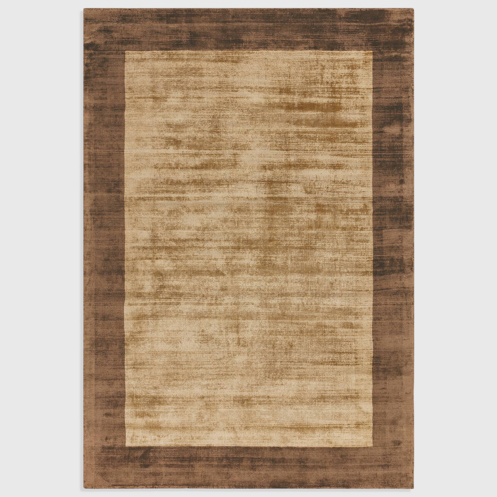 Alvo Rugs Blayde handwoven viscose rug in choco and mocha brown with a thick contrasting border and tip-sheared finish