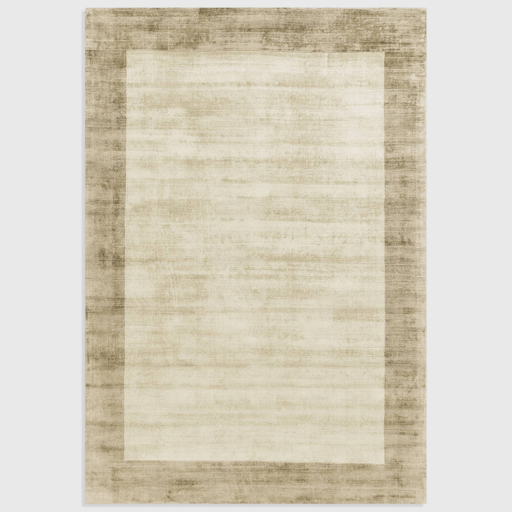 Alvo Rugs Blayde handwoven viscose area rug in smoke and putty with a contrasting border and tip-sheared texture.