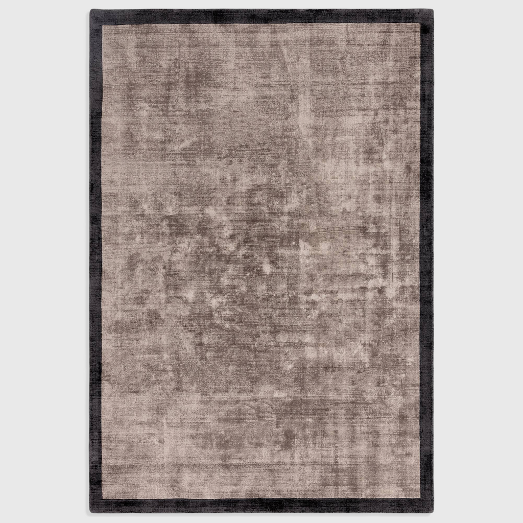 Alvo Rugs Blayde charcoal and moleskin viscose rug with a dark border and soft hand-woven textured centre
