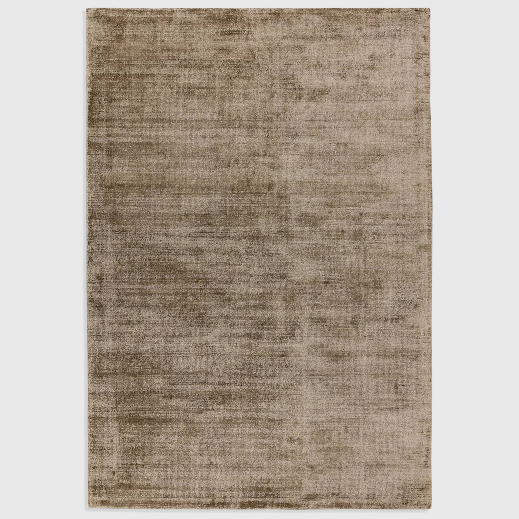 Alvo Rugs Blayde mocha hand-woven viscose rug with a vintage tip-sheared finish and soft neutral beige texture.