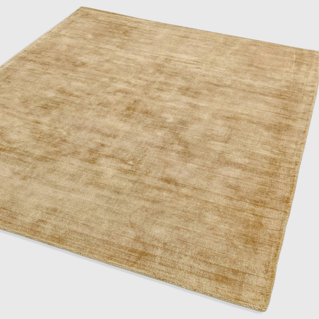 Alvo Rugs Blayde soft gold hand-woven viscose rug with a vintage tip-sheared finish and plain contemporary style.