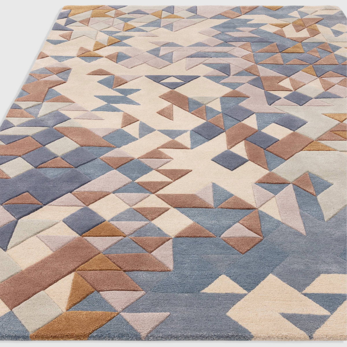 Alvo Rugs Elysian blue multi-coloured hand-tufted wool and viscose rug with a 3D geometric triangle pattern.