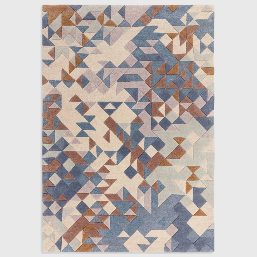 Alvo Rugs Elysian blue multi rug with geometric triangle patterns, hand-tufted from wool and viscose with 3D carving.