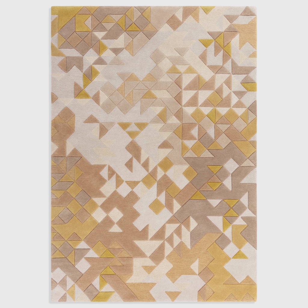 Alvo Rugs Elysian gold multi rug featuring a geometric triangle pattern in wool and viscose with a 3D carved effect.