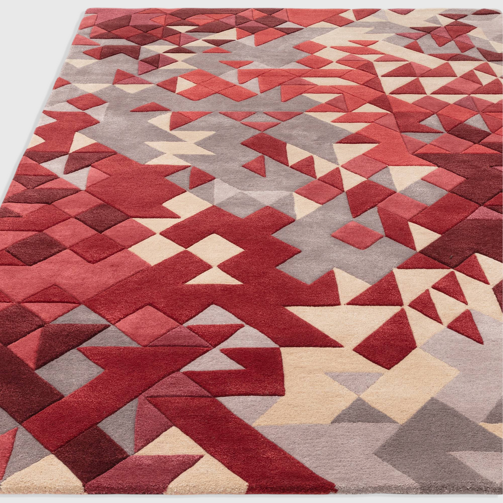 Alvo Rugs Elysian red multi-coloured hand-tufted wool and viscose rug with a 3D geometric carved pattern.