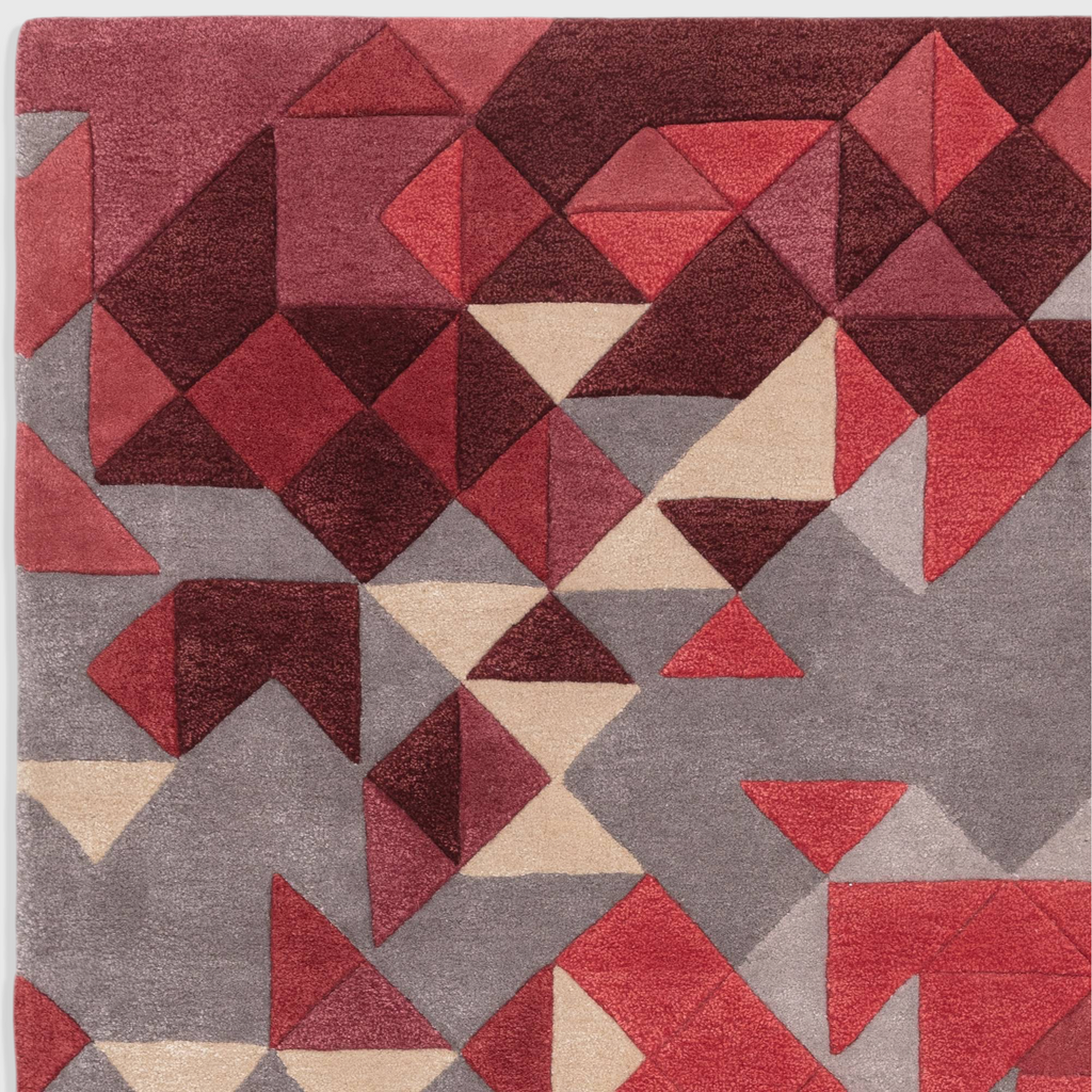 Alvo Rugs Elysian red multi rug featuring a hand-tufted geometric pattern in wool and viscose with 3D carved details.