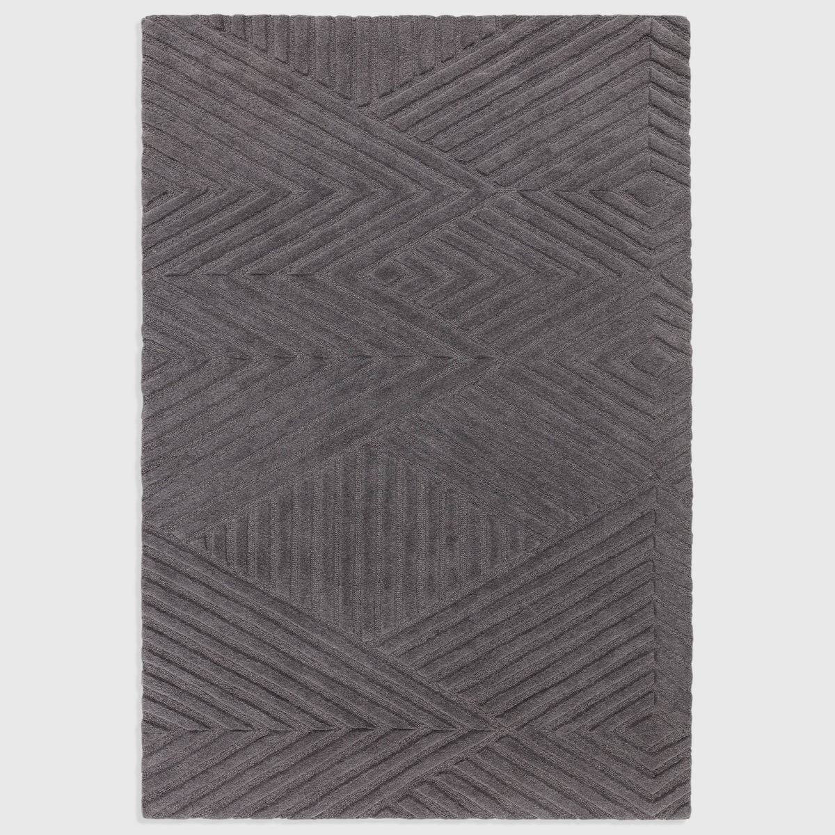 Alvo Rugs Hagia charcoal grey wool rug with geometric cut and loop pile pattern in a contemporary rectangular design