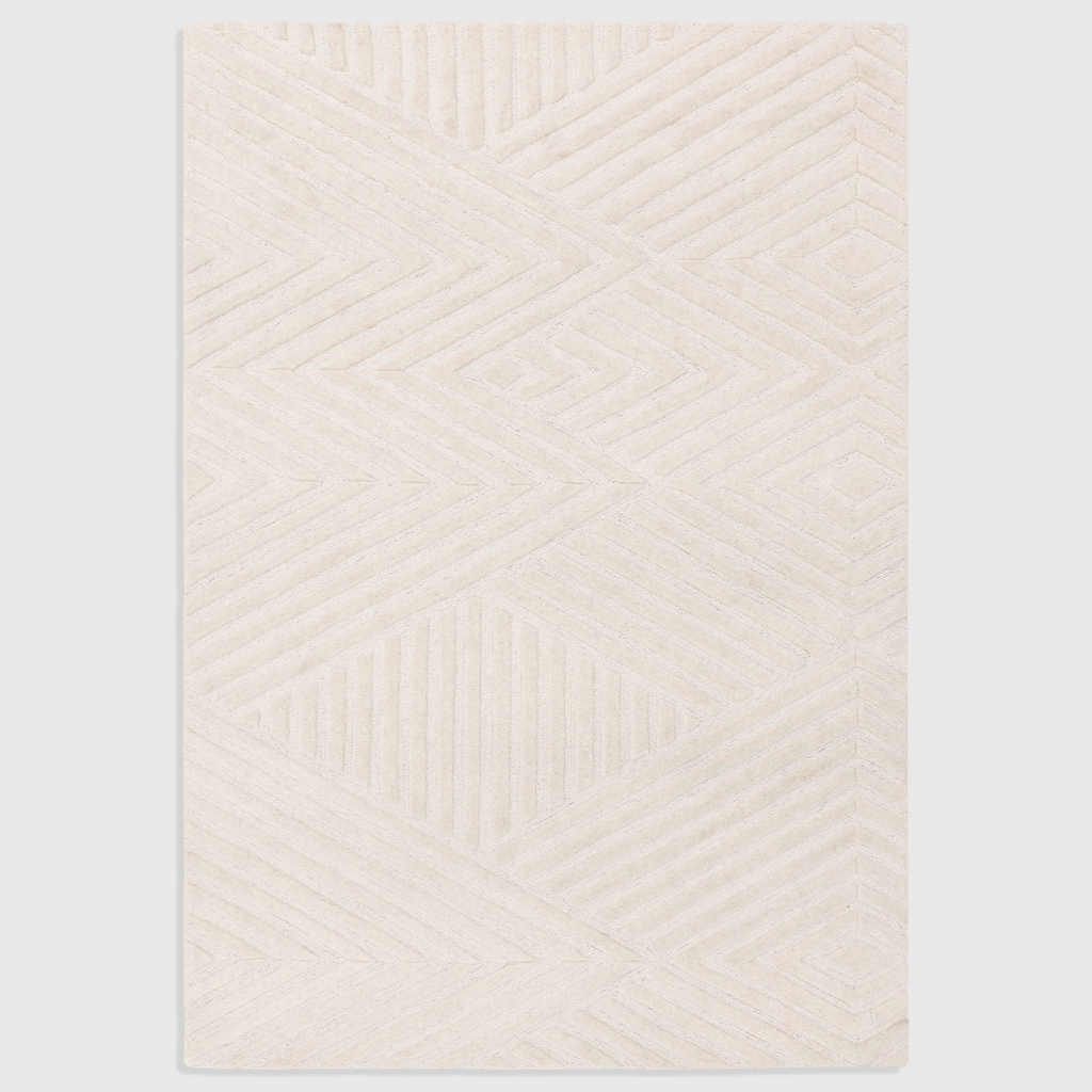 Alvo Rugs Hagia ivory wool rug with a geometric cut and loop pile pattern in a contemporary hand-tufted design.