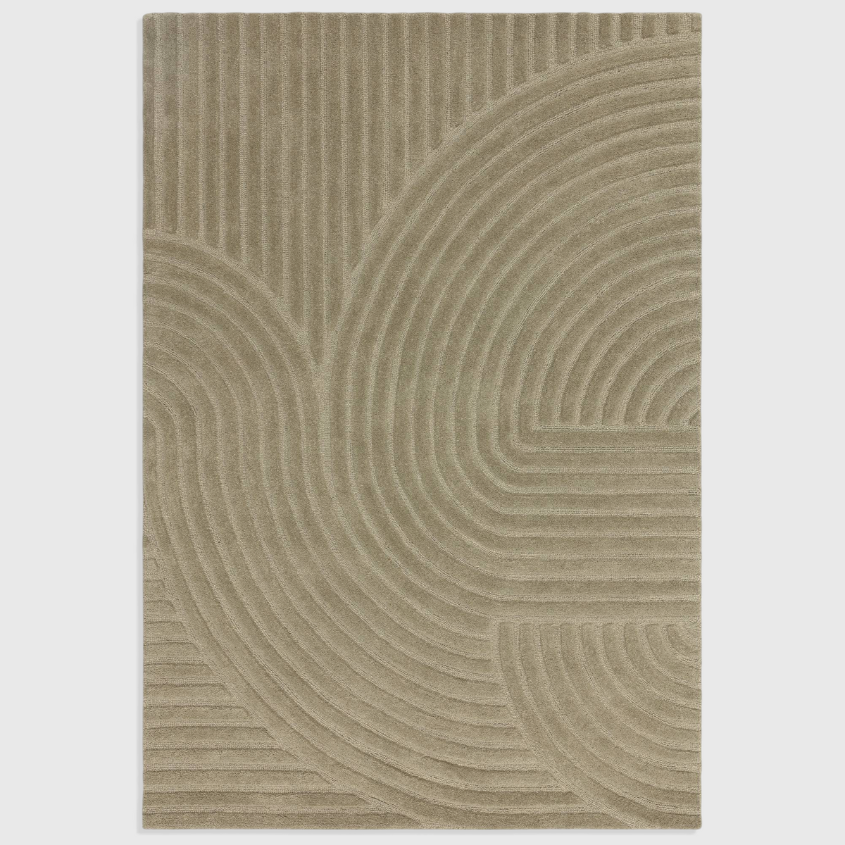Alvo Rugs Hagia Sage green wool rug with geometric cut and loop pile pattern and modern curved lines