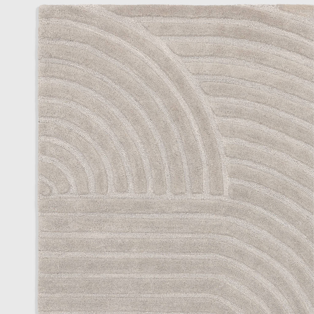 Alvo Rugs Hagia silver wool rug with geometric cut and loop pile pattern in a soft grey tone