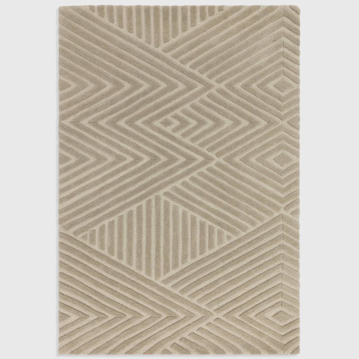 Alvo Rugs Hagia taupe wool rug featuring a geometric cut and loop pile design in a modern, hand-tufted style.