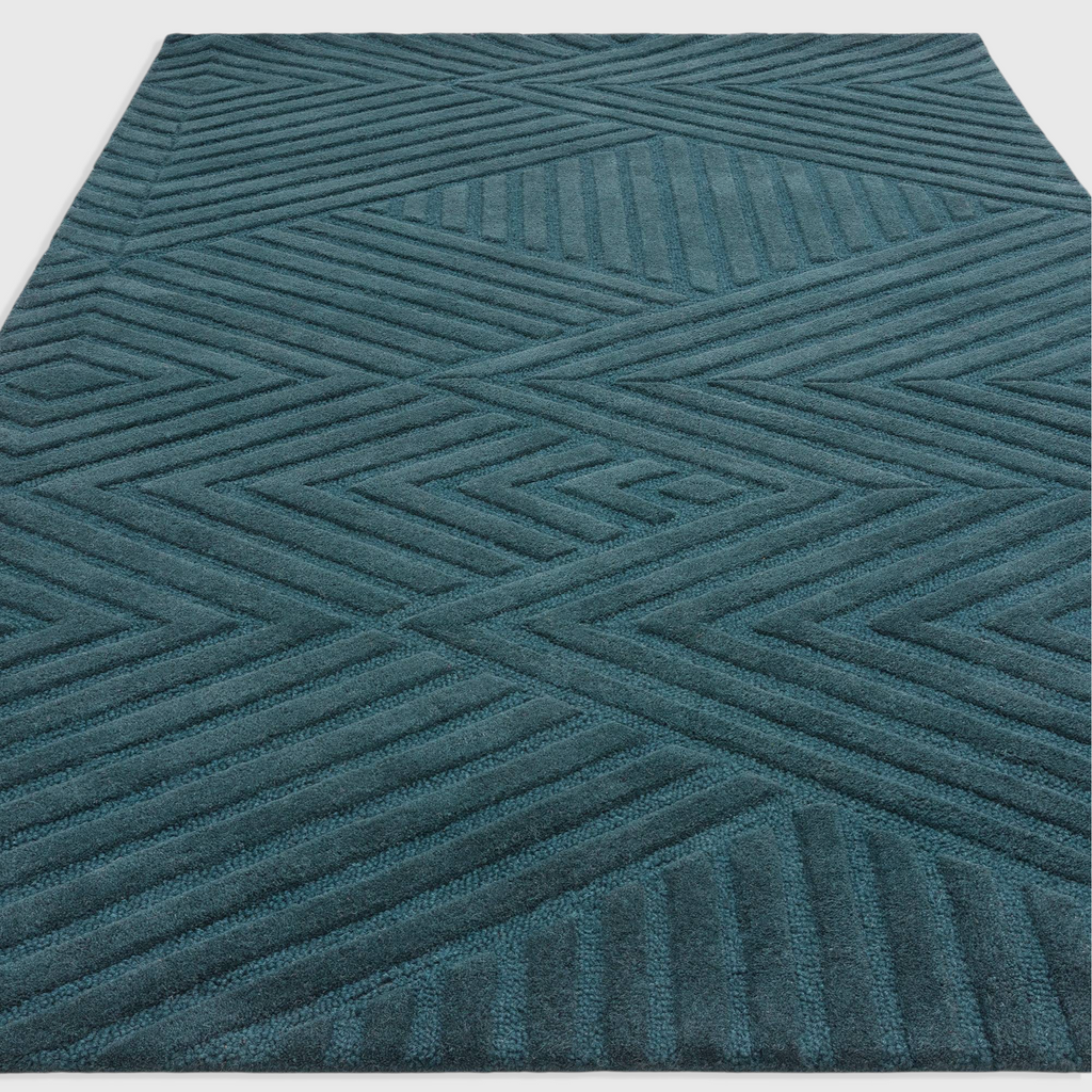 Alvo Rugs Hagia teal wool rug with geometric cut and loop pile pattern in a contemporary style