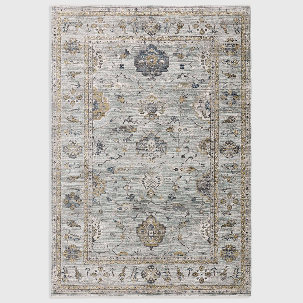 Alvo Rugs Jaspere Ja01 blue and neutral antique-style machine-woven polyester area rug with classic floral patterns.