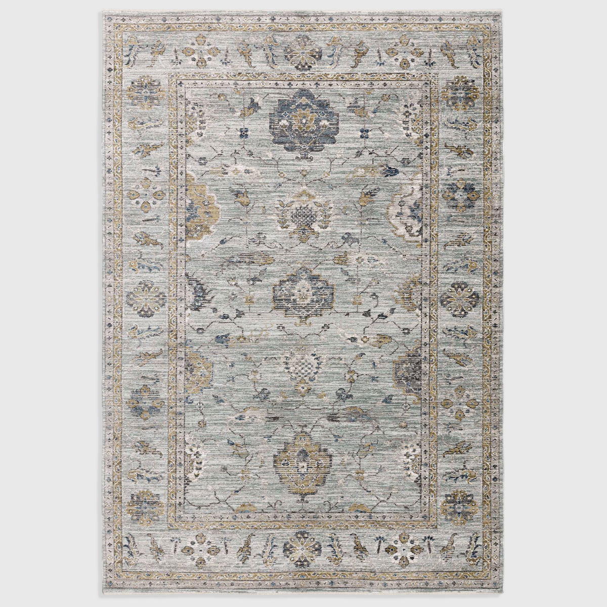 Alvo Rugs Jaspere Ja01 blue and neutral antique-style machine-woven polyester area rug with classic floral patterns.