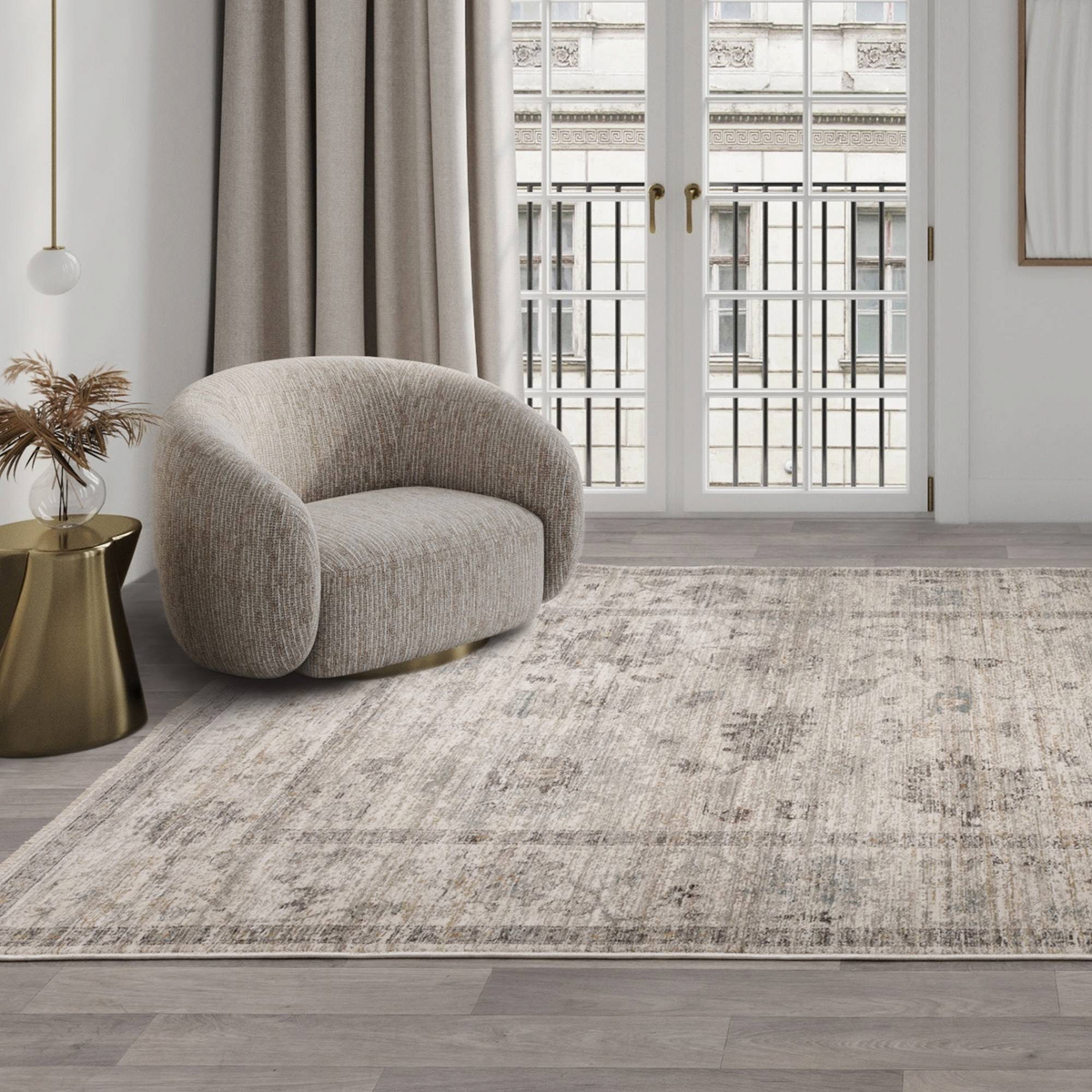 Alvo Rugs Jaspere Ja02 beige polyester rug with a classic antique-inspired design in a modern living room setting
