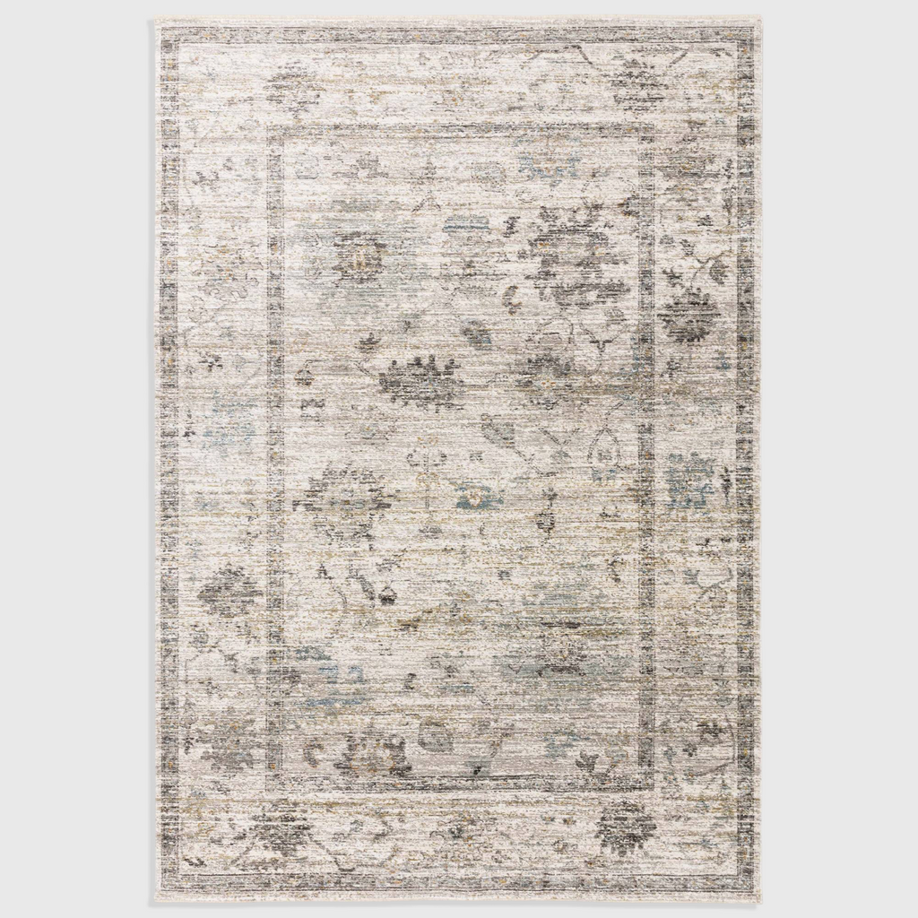Alvo Rugs Jaspere Ja02 beige and natural polyester area rug with a classic antique-inspired overdyed floral pattern.