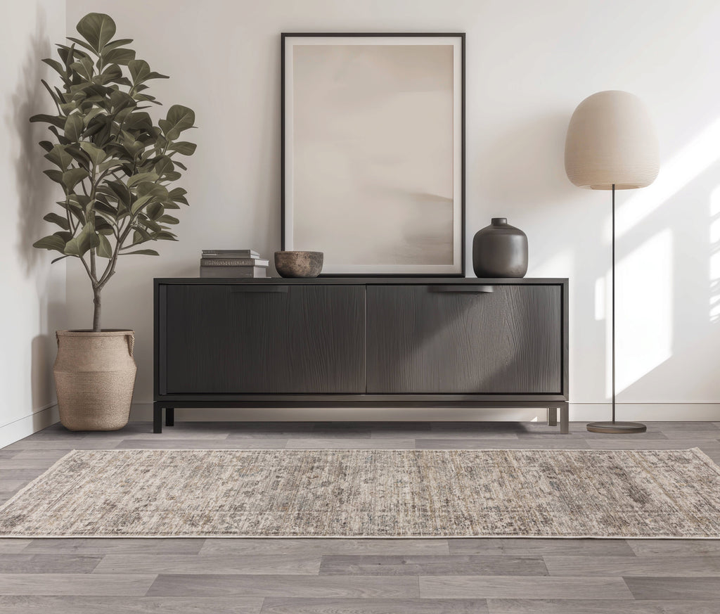 Alvo Rugs Jaspere Ja02 rug in beige and natural tones with an antique distressed look in a modern living room setting