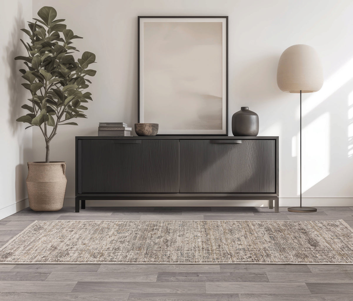 Alvo Rugs Jaspere Ja02 rug in beige and natural tones with an antique distressed look in a modern living room setting