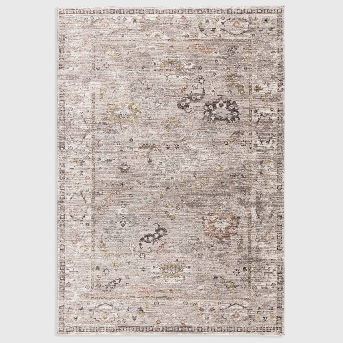 Alvo Rugs Jaspere Ja04 grey and silver polyester area rug with an antique-inspired overdyed pattern and low pile.