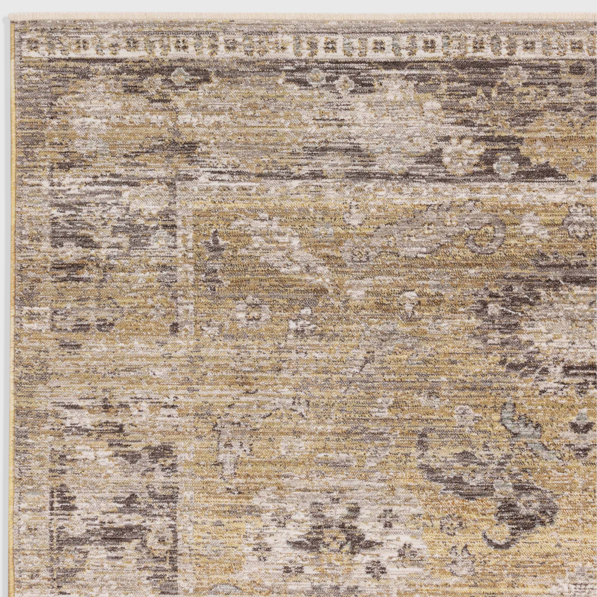 Alvo Rugs Jaspere Ja06 area rug featuring a distressed antique design in yellow, gold, and grey polyester.