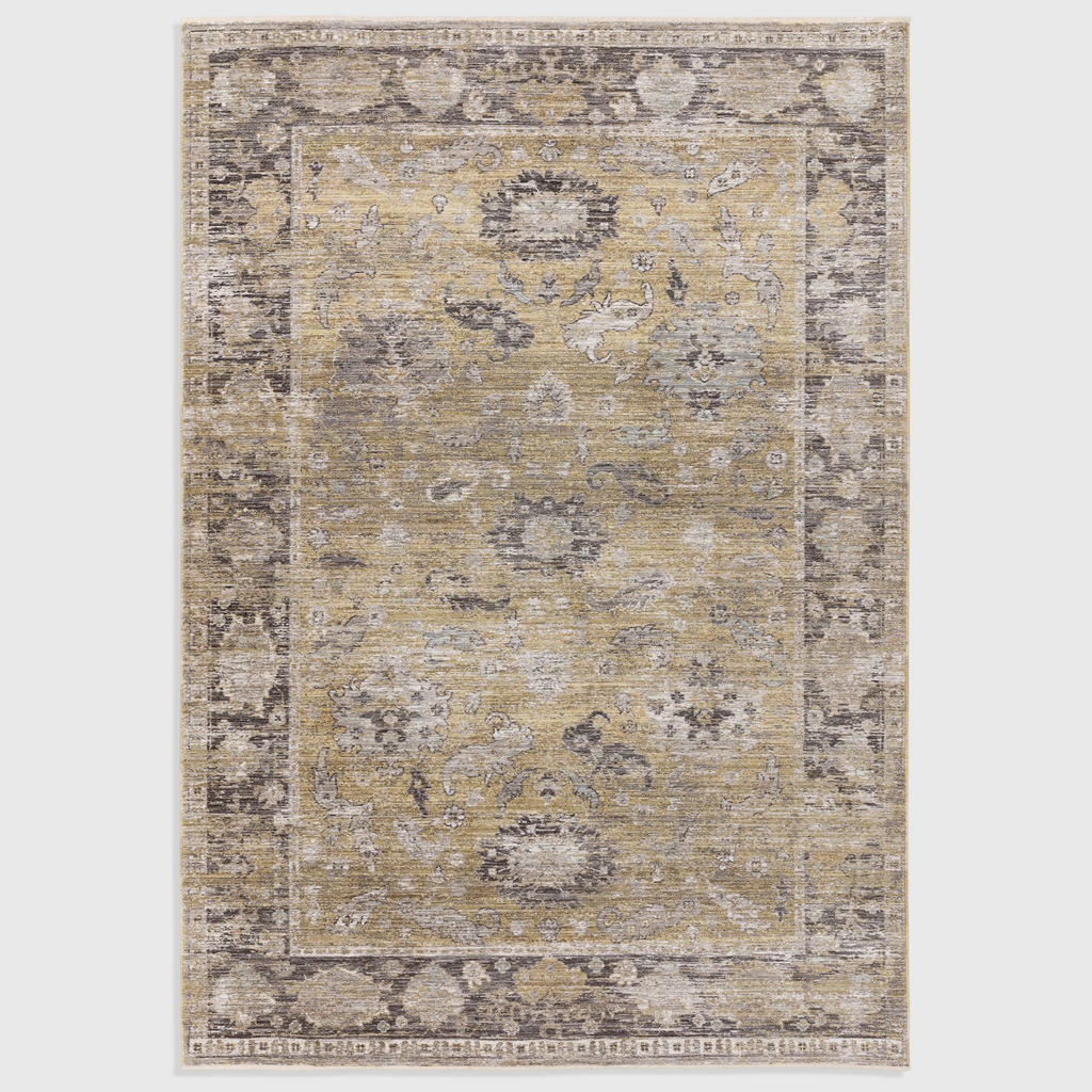 Alvo Rugs Jaspere Ja06 rug featuring a vintage-inspired yellow and grey distressed floral pattern in polyester.