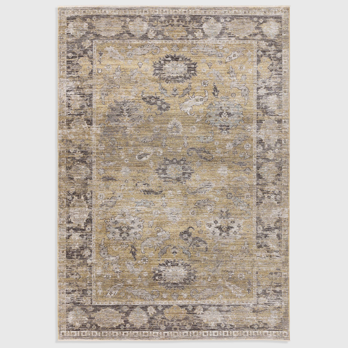 Alvo Rugs Jaspere Ja06 rug featuring a vintage-inspired yellow and grey distressed floral pattern in polyester.