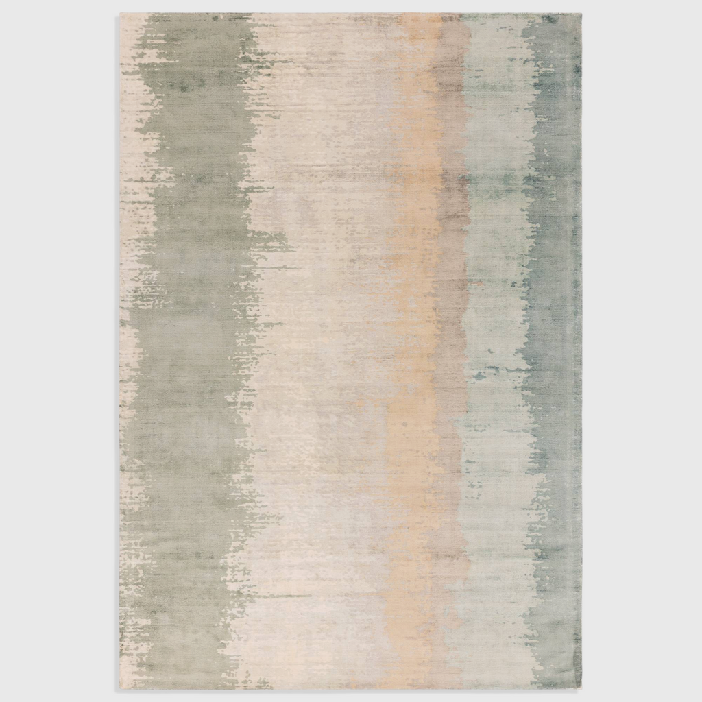 Alvo Rugs Junow Verdant hand-woven viscose rug featuring an abstract design in soft green and neutral beige tones.