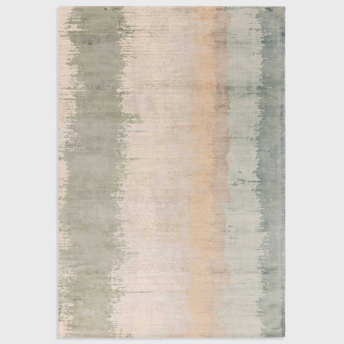 Alvo Rugs Junow Verdant hand-woven viscose rug featuring an abstract design in soft green and neutral beige tones.