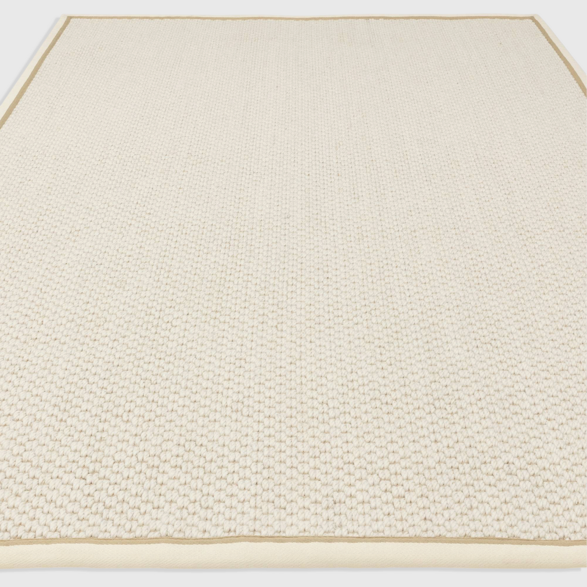 Alvo Rugs Kori cream linen rug featuring a textured double loop wool and jute flatweave with a cotton border.