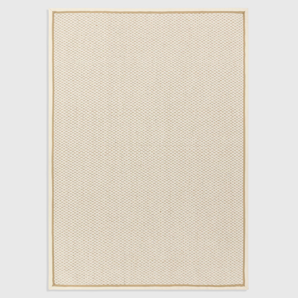 Alvo Rugs Kori cream linen flatweave rug with double loop texture and a contrasting beige cotton border.