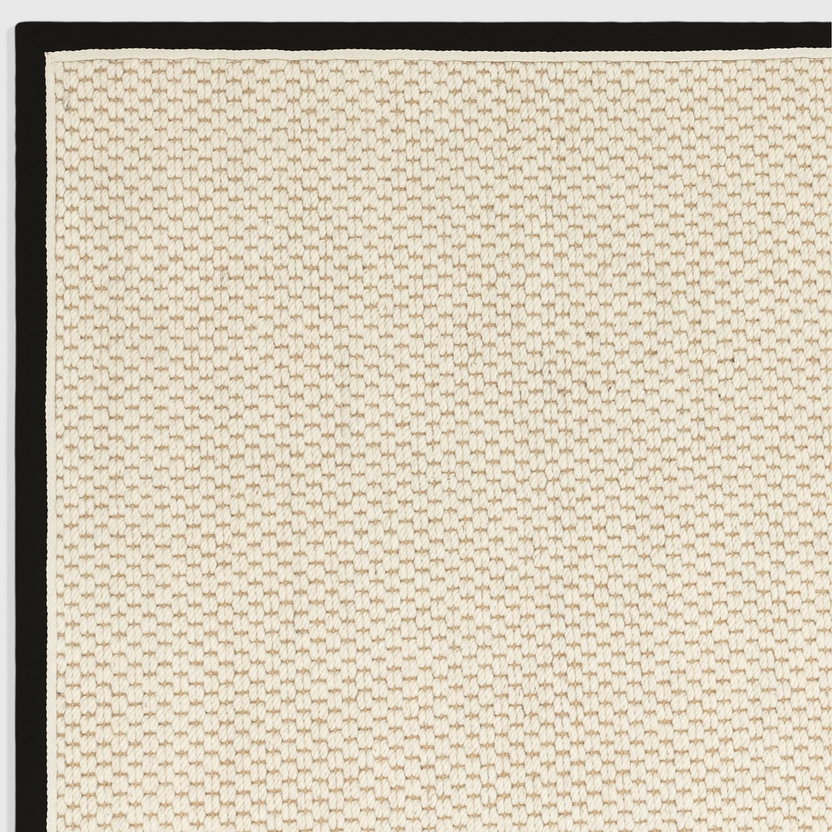 Alvo Rugs Kori charcoal and cream wool-jute rug with a textured double loop pattern and a solid black cotton border.