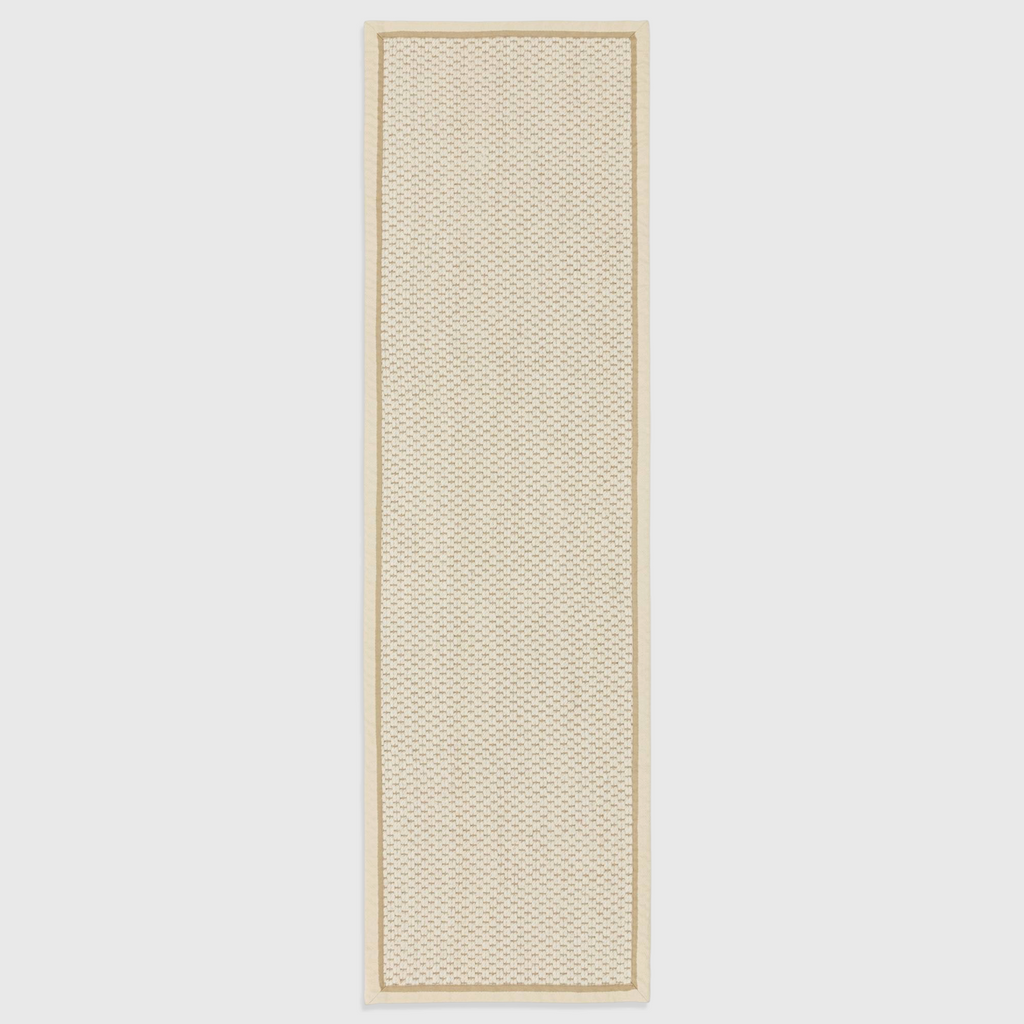 Alvo Rugs Kori cream linen runner rug with double loop texture, wool and jute blend, and a flatweave cotton border.