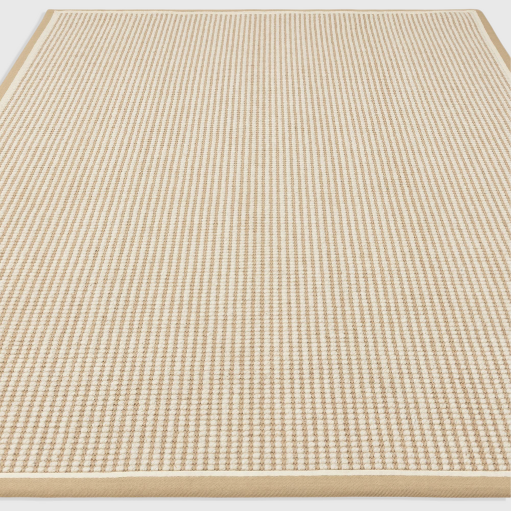 Alvo Rugs Kori Loop cream jute and wool flatweave rug with a cotton border in a natural beige tone.