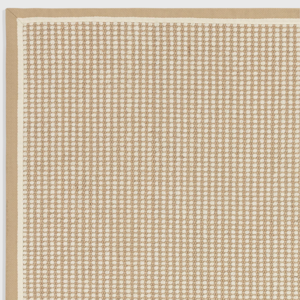 Alvo Rugs Kori Loop cream rug featuring a textured jute and wool flatweave pattern with a solid beige cotton border.