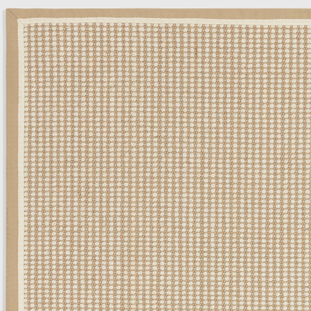 Alvo Rugs Kori Loop cream rug featuring a textured jute and wool flatweave pattern with a solid beige cotton border.