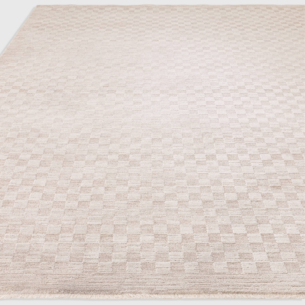 Alvo Rugs Lorentz La01 beige boho area rug with a tonal checkered pattern, soft polyester pile, and fringed edges.