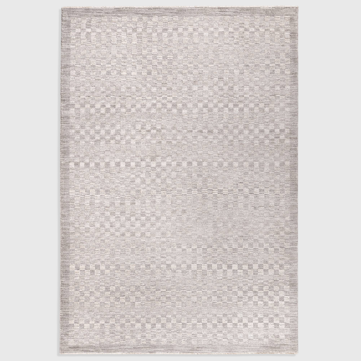 Alvo Rugs Lorentz La02 grey and silver boho area rug with a textured checkerboard pattern and subtle self-fringing.