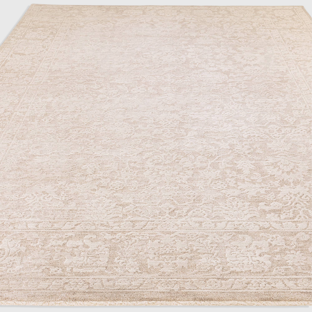 Alvo Rugs Lorentz La03 beige machine woven polyester rug with a subtle tonal floral pattern and boho aesthetic
