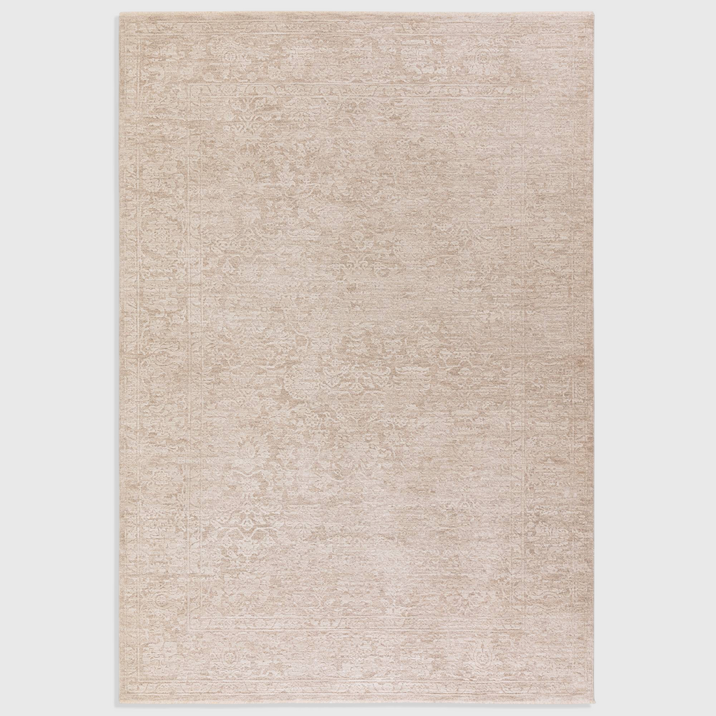 Alvo Rugs Lorentz La03 beige boho area rug with a subtle tonal floral pattern and soft polyester pile