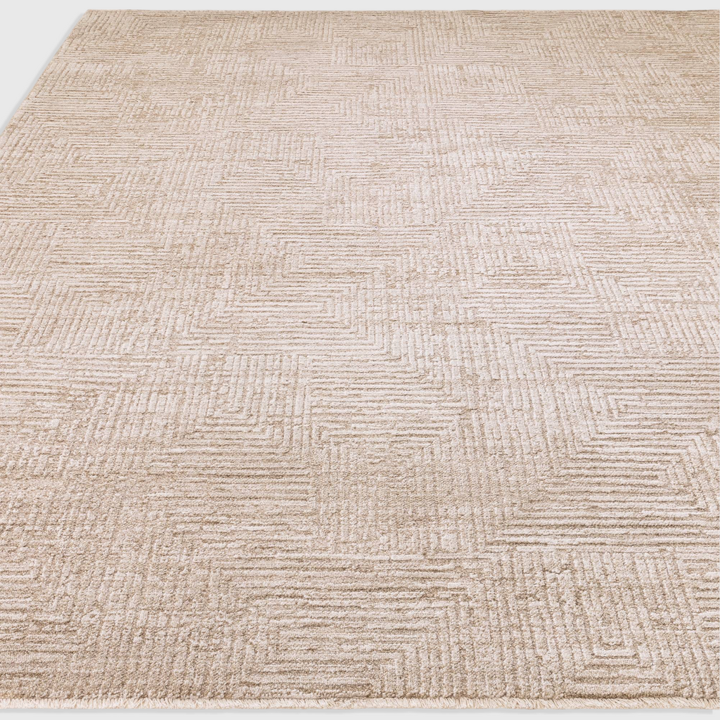 Alvo Rugs Lorentz La06 beige machine woven polyester rug with textured geometric pattern and self-fringing detail