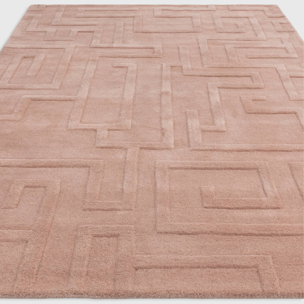 Alvo Rugs Maize Blush hand-tufted wool rug with a high-low pile geometric maze pattern in soft pink tones.