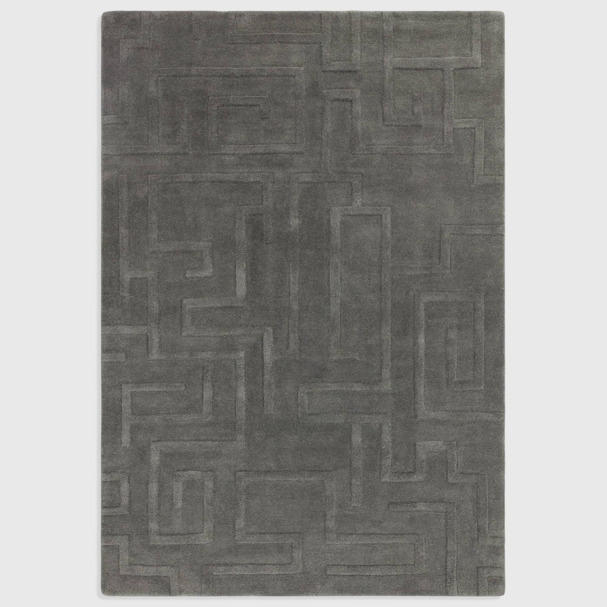 Alvo Rugs Maize charcoal grey wool rug with a hand-tufted high-low pile geometric maze pattern.