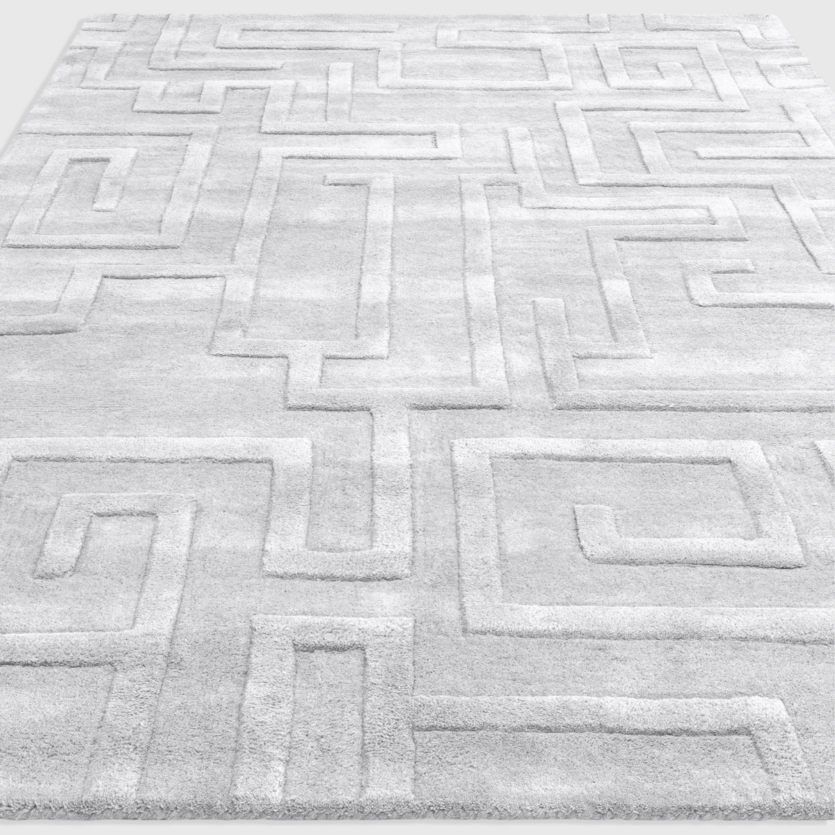 Alvo Rugs Maize silver wool rug with a hand-tufted geometric maze pattern and high-low pile texture.