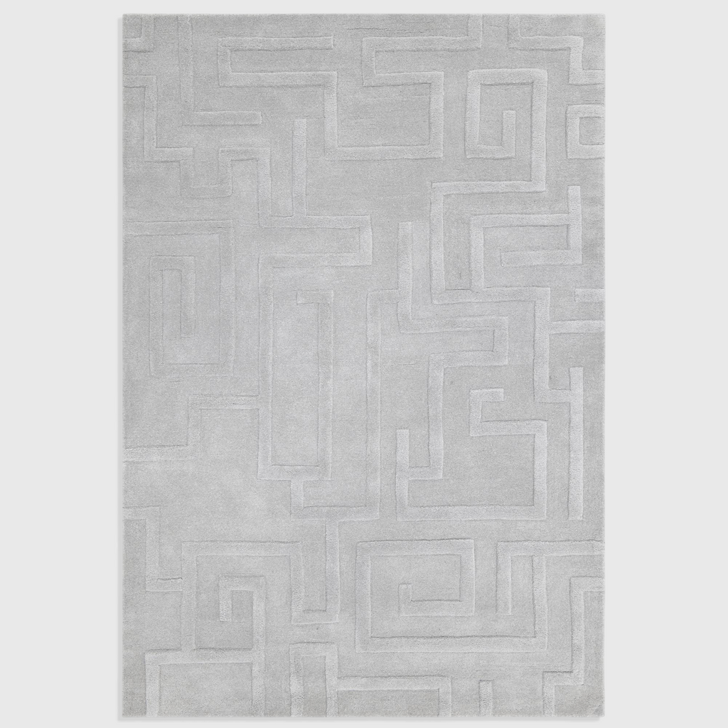 Alvo Rugs Maize silver wool rug featuring a hand-tufted high-low pile with an ornate geometric maze pattern.