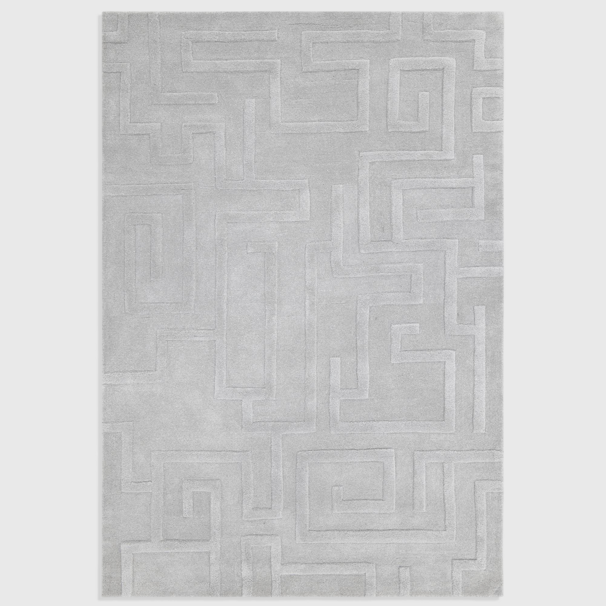 Alvo Rugs Maize silver wool rug featuring a hand-tufted high-low pile with an ornate geometric maze pattern.