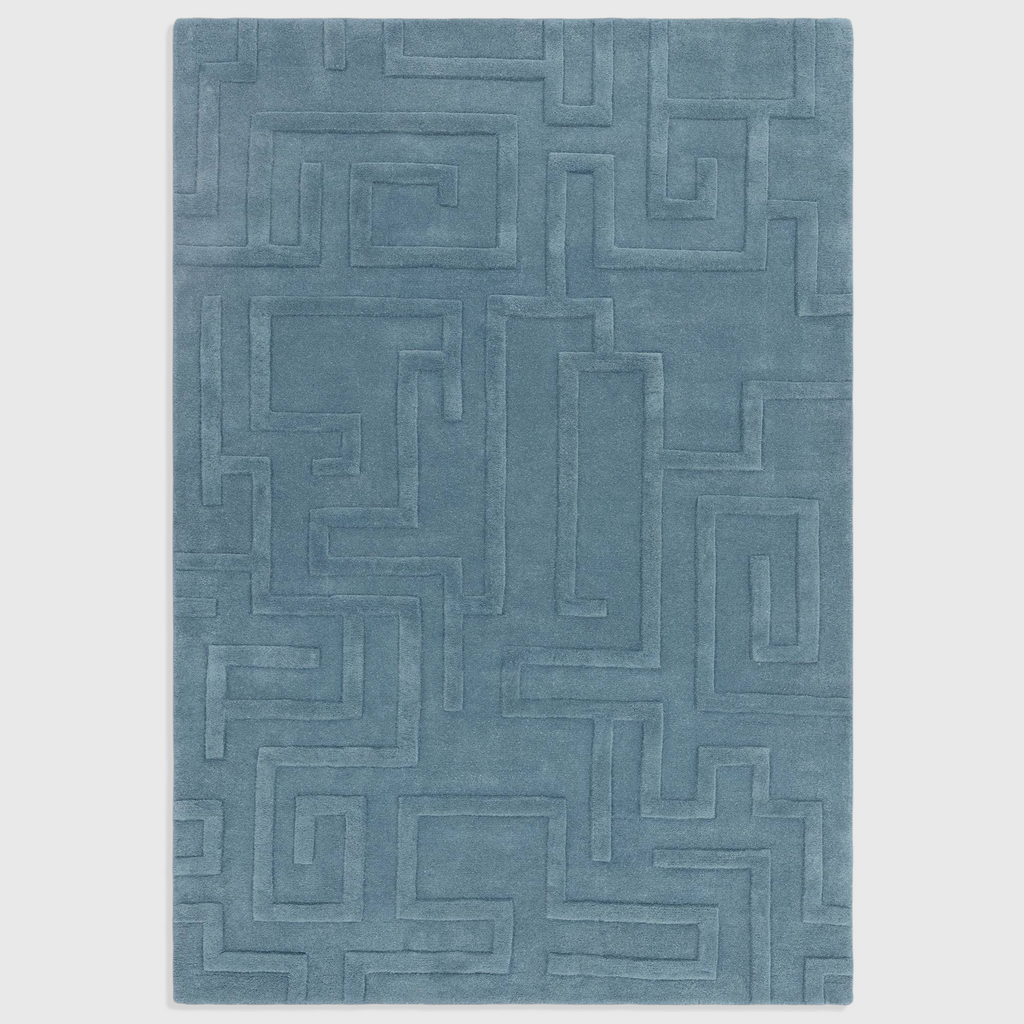 Alvo Rugs Maize Teal rug featuring a hand-tufted 100% wool construction with an ornate high-low geometric maze pattern.