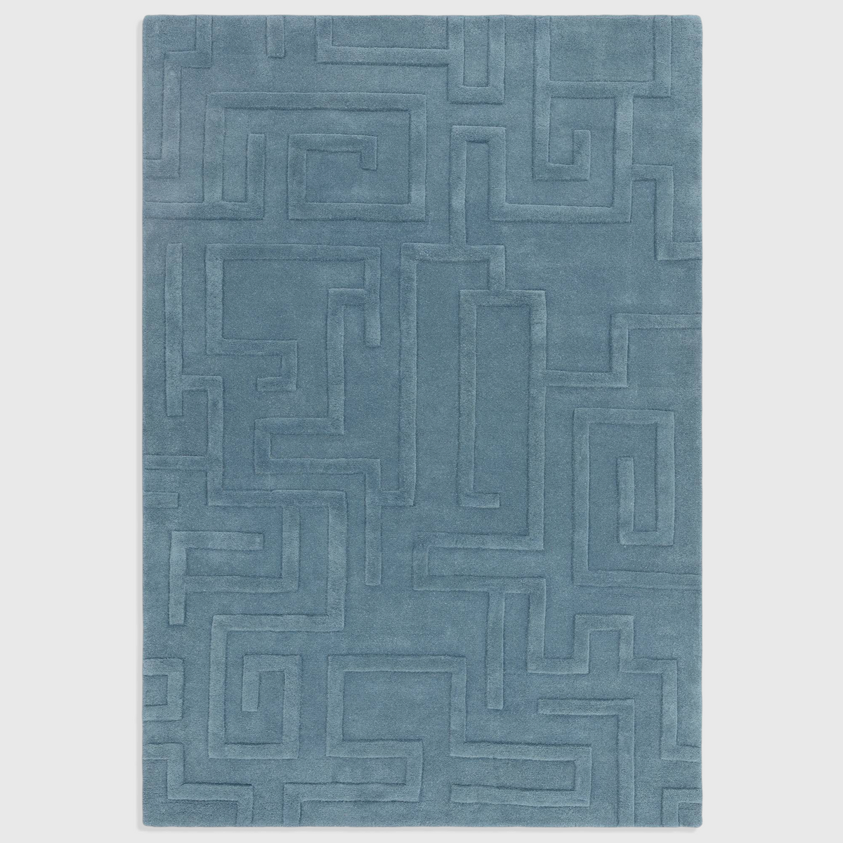 Alvo Rugs Maize Teal rug featuring a hand-tufted 100% wool construction with an ornate high-low geometric maze pattern.