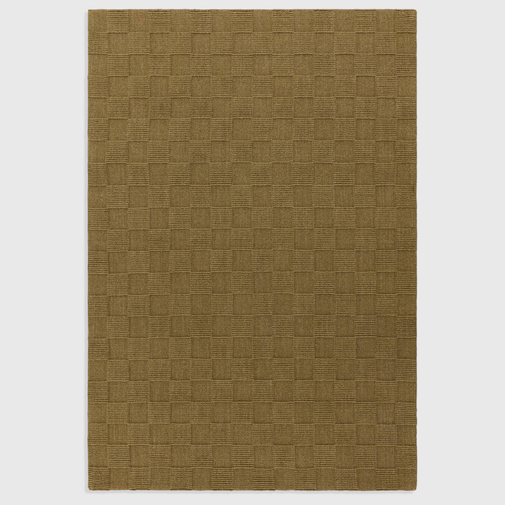 Alvo Rugs Mercia olive green hand-woven wool rug with a textured square pattern and loop pile finish.
